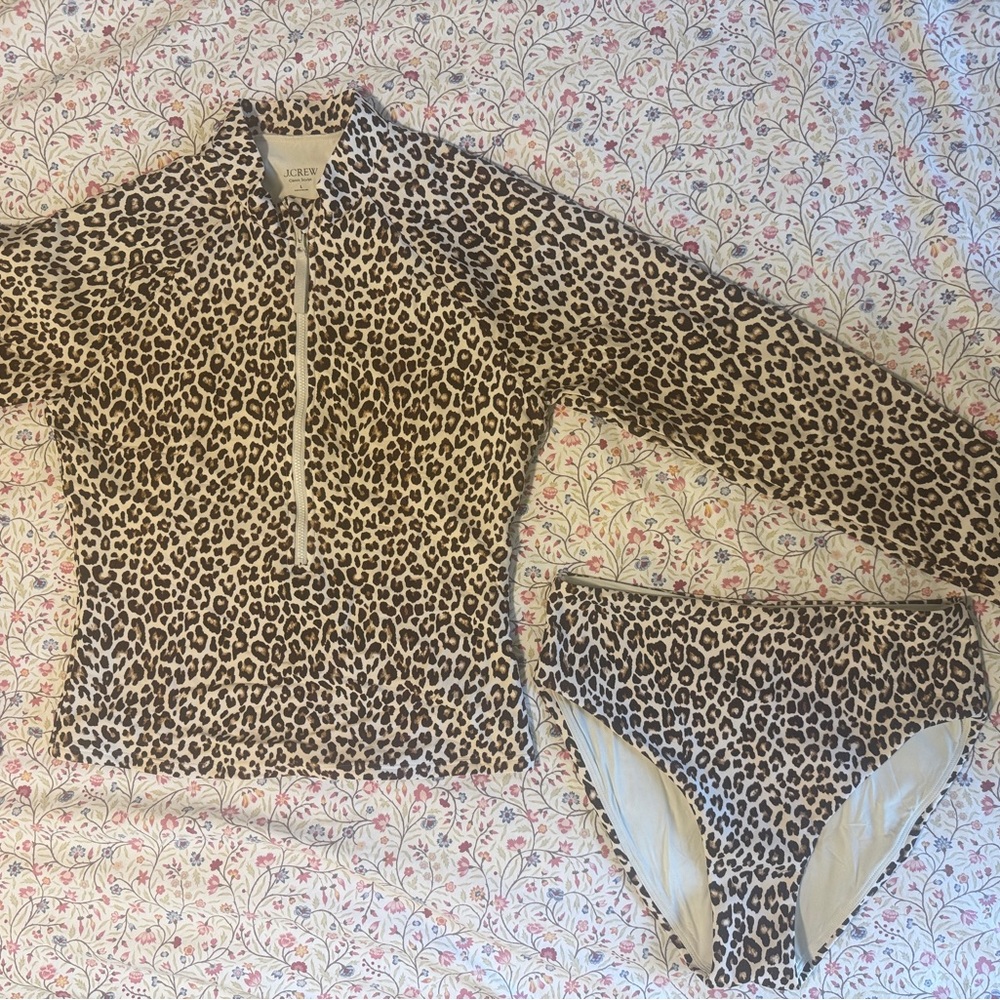 J.Crew Leopard Print Rash guard LARGE Cream and Brown Bottoms are MEDIUM